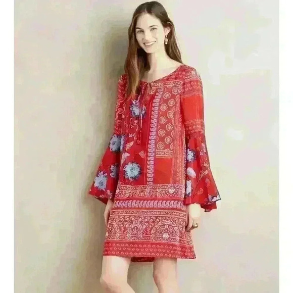 VANESSA VIRGINIA Red Bell Sleeve 100% Silk Peasant Dress Flowy Relaxed Women 4P - Picture 4 of 12